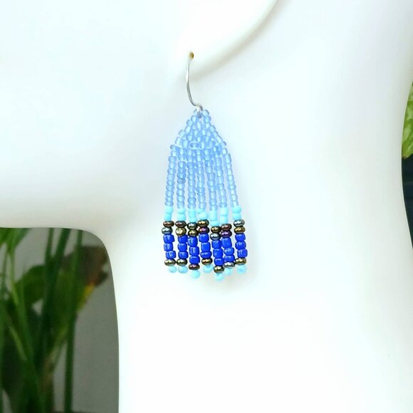 Blue Beaded Fringe Dangle Earrings, 2" - Picture 1 of 6